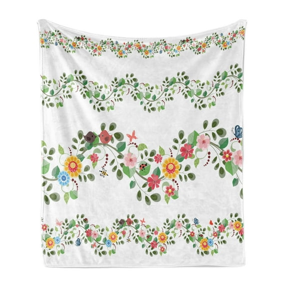 Green Flower Soft Flannel Fleece Throw Blanket, Horizontal Foliage Pattern Ornamental Abstract Design Vintage Style Romance, Cozy Plush for Indoor and Outdoor Use, 50" x 60", Multicolor, by Ambesonne