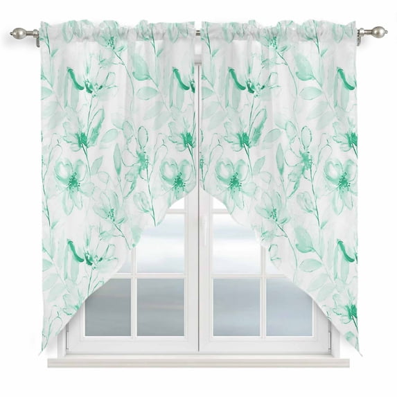 Green Flower Swag Curtains for Kitchen/Bedroom/Living Room, Watercolor Floral Botanical Line Drawing Print Scalloped Curtains 63 Inch Long, Window Swag Topper Curtains Valances 2 Panels Set 36"x63"