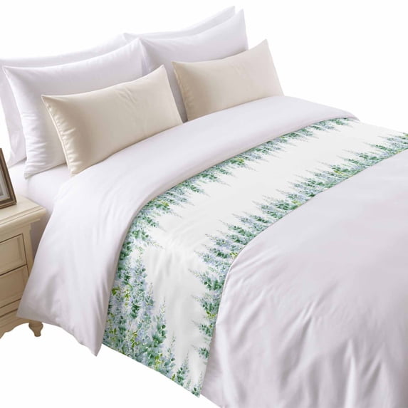 Green Flowers Bed Runner for Cal King Size Bed, Watercolor Green Wisteria Floral Soft Bedding Scarf Bedding Protector Slipcover Sofa Throw for Bedroom Hotel Guesthouse