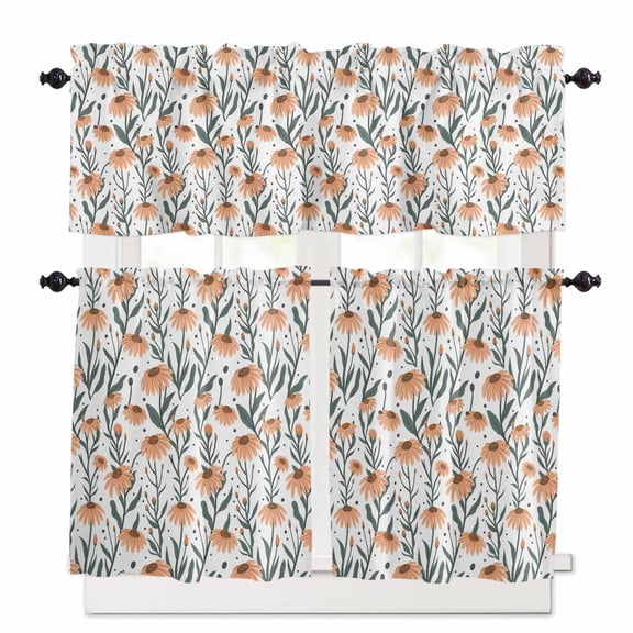 Green Flowers Kitchen Curtains Valances and Tiers Set of 3, 24 Inch Length Tier Curtains and Valance Rod Pocket Valance Curtains Set for Kitchen Bathroom Small Windows