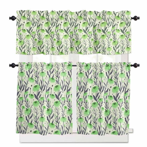 Green Flowers Kitchen Curtains Valances and Tiers Set of 3, 36 Inch Length Tier Curtains and Valance Rod Pocket Valance Curtains Set for Kitchen Bathroom Small Windows