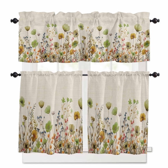 Green Flowers Kitchen Curtains Valances and Tiers Set of 3, 36 Inch Length Tier Curtains and Valance Rod Pocket Valance Curtains Set for Kitchen Bathroom Small Windows