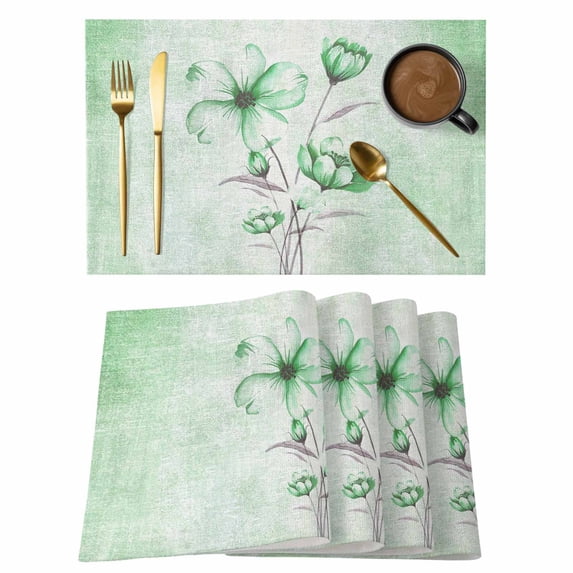 Green Flowers Placemats Set of 8 Spring Floral Elegant Pastoral Botanical Place Mats Indoor Wipeable Table Mats Washable Cloth Dining Table Placemats for Kitchen Holiday Party Home Decor 13x19 Inch