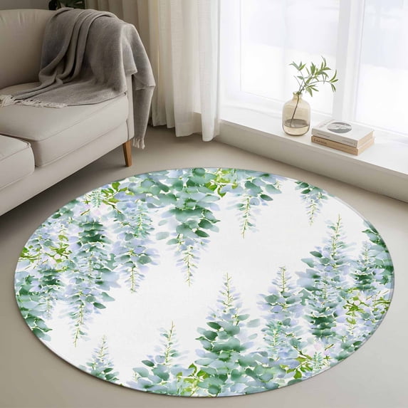 Green Flowers Round Living Room Rugs 3.3 ft, Watercolor Green Wisteria Floral Washable Area Rug with Non-Slip Sturdy Edge Binding Round Front Door Mat Floor Carpet for Entryway