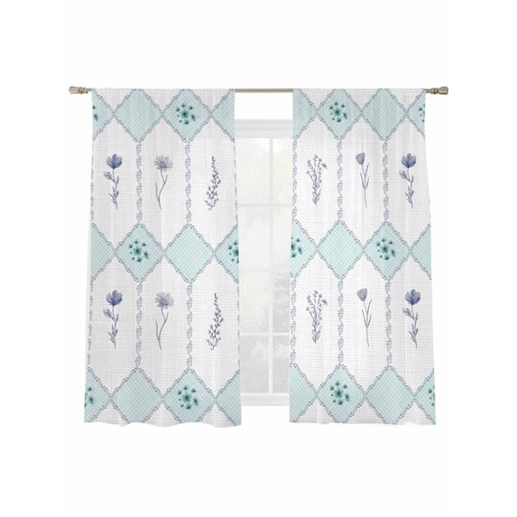 Green Flowers Sheer Curtains 2 Panels Set Watercolor Floral Leaf Vintage Abstract Sheer Window Curtains Light Filtering Rod Pocket Voile Drapes for Bedroom Living Room 52"X72"