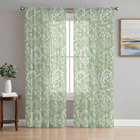 Green Flowers Sheer Curtains 72 Inch Length 2 Panels Set, Rustic Botanical Floral Leaf Patterned Voile Window Treatment Rod Pocket Curtains Sheers Drapes for Bedroom/Living Room/Kitchen 52"x72"x2