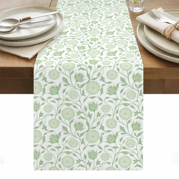 Green Flowers Table Runner - 48 Inch Long, Kitchen Dining Table Runner Dresser Scarves, Pastoral Farmhouse Botanical Floral Farmhouse Decor for Coffee Tables Wedding Party Banquet