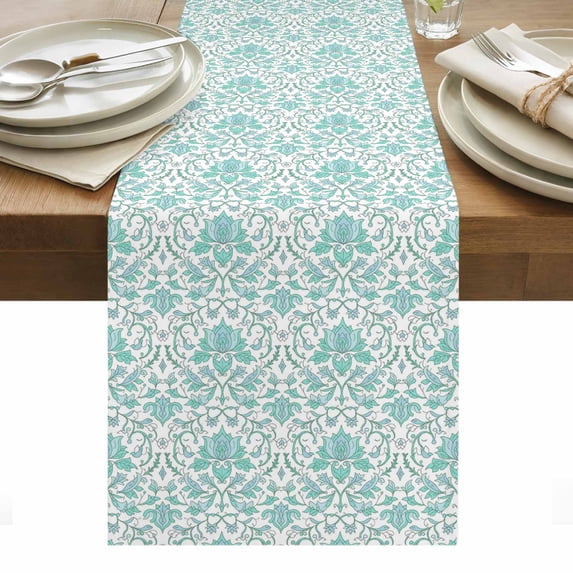 Green Flowers Table Runner - 72 Inch Long, Kitchen Dining Table Runner Dresser Scarves, Boho Ethnic Abstract Floral Texture Farmhouse Decor for Coffee Tables Wedding Party Banquet