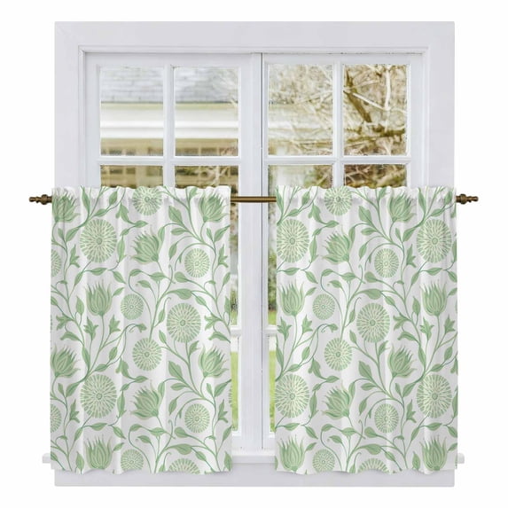 Green Flowers Tier Curtains, Pastoral Farmhouse Botanical Floral Light Filtering Kitchen Curtains, 2Pcs Rod Pocket Half Window Treatments Panels for Sink Cafe Cabinet Basement 27.5x45 Inches