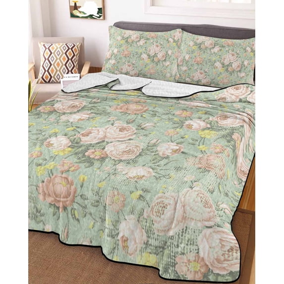 Green Flowers Twin Size Down Alternative Comforter, Lightweight Comforter Quilt Bedding Set with Pillow Shams Farmhouse Botanical Floral Leaves Art All Seasons Bed Comforter Duvet Insert 68"x86"