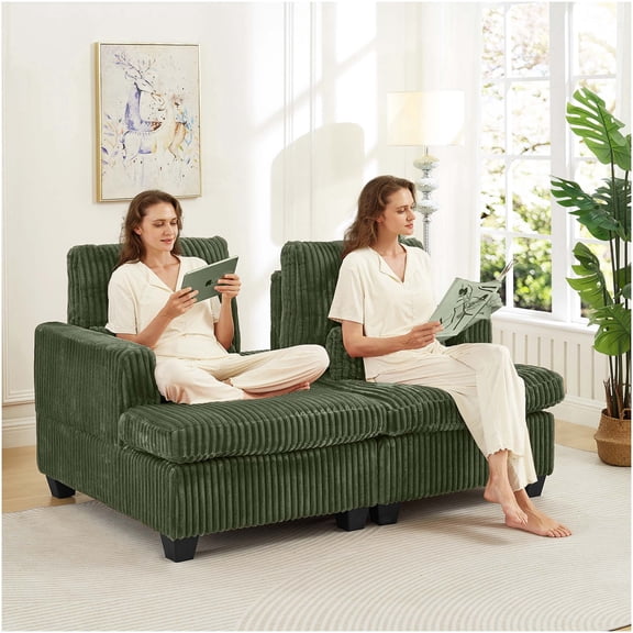 Green Fluffy Corduroy Loveseat Sofa with Adjustable Backrest, Modular Lounge Chair for Small Space Living Room or Apartment