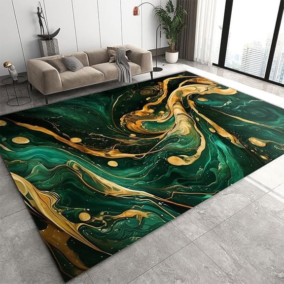 Green Fluid Marble Area Rug, Luxury Green Agate Texture Living Room Rugs, With Non-Slip Backing Washable Carpet For Dining Room Nursery Home Office 2x3ft