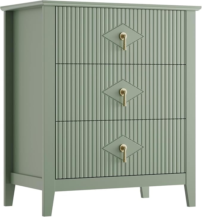 Green Fluted Dresser for Bedroom, 32 Inch Wide Nightstand with Large Drawer, 3 Drawer End Table for Bedroom, Living Rooms, Offices, and Entryways