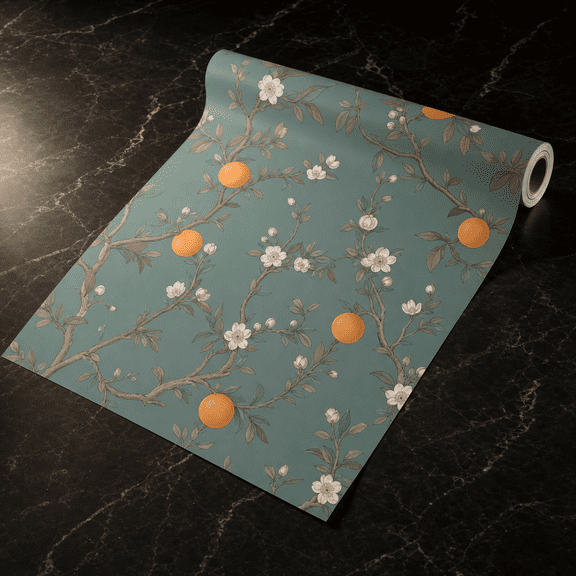 Green Flwallpaper Peel And Stick Birds & Orange Fruits Contact Paper 17.5" X 393.7" Vintbotanical Boho Wall Sadhesive Waterproof Removable For Room Shelves Cabinet Drawer Table