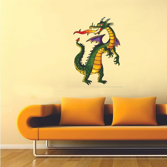 Green Flying Dragon Breathing Fire Standing Cartoon Character Wall Art Decal Vinyl Sticker Girls Boys Room Bedroom Nursery Kindergarten House Home Decor Removable Sticker Peel and Stick 20x12 inch