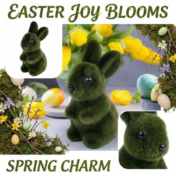 Green Foam Flocked Bunny, 3D Artificial Moss Rabbit Craft Statue for Garden Yard Horticulture, Easter Decorations Spring Holiday Ornament Display Item Decor