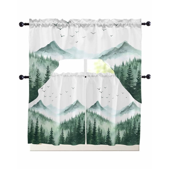 Green Foggy Forest Kitchen Curtains Sets 24 Inch Length with Valance, Mist Mountain Trees Nature Scenery Swag Valances and Tiers Curtain Set Drapes Swag Curtains for Living Room, Bathroom, Bedroom