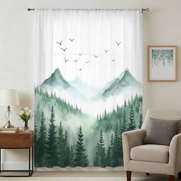 Green Foggy Forest Sheer Curtains 63 Inches Long, Mist Mountain Trees Nature Scenery Light Filering Curtains, Breathable Simi Curtain Privacy Drapes for Living Room Bedroom Window Treatment