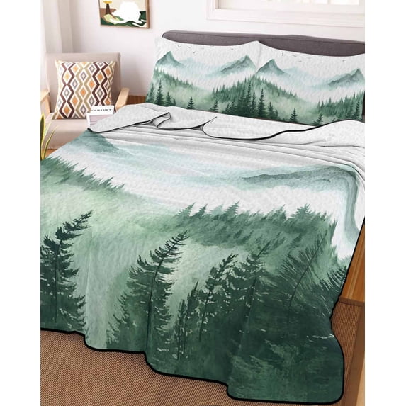 Green Foggy Forest Twin Size Down Alternative Comforter, Lightweight Comforter Quilt Bedding Set with Pillow Shams Mist Mountain Trees Nature Scenery All Seasons Bed Comforter Duvet Insert 68"x86"