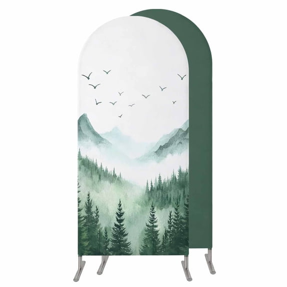 Green Foggy Forest Wedding Arch Cover,Stretchy Spandex Arch Backdrop Stand Covers 6 FT,Mist Mountain Trees Nature Scenery Round Top Arched Backdrop Cover for Birthday Party Ceremony Baby Shower Event