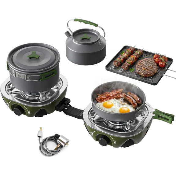 Green Foldable 2 Burner Propane Camping Stove 20000 BTU Windproof Outdoor Gas Kit with Cookware & Carry Bag for RV Tailgating