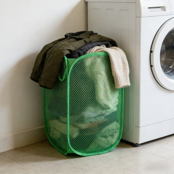 Green Foldable Mesh Laundry Hamper - 11x11x15.7in Breathable Dirty Clothes Storage Basket with Side Pocket & Reinforced Carry Handles, Durable Laundry Organizer for Bedroom & Bathroom, 1pc