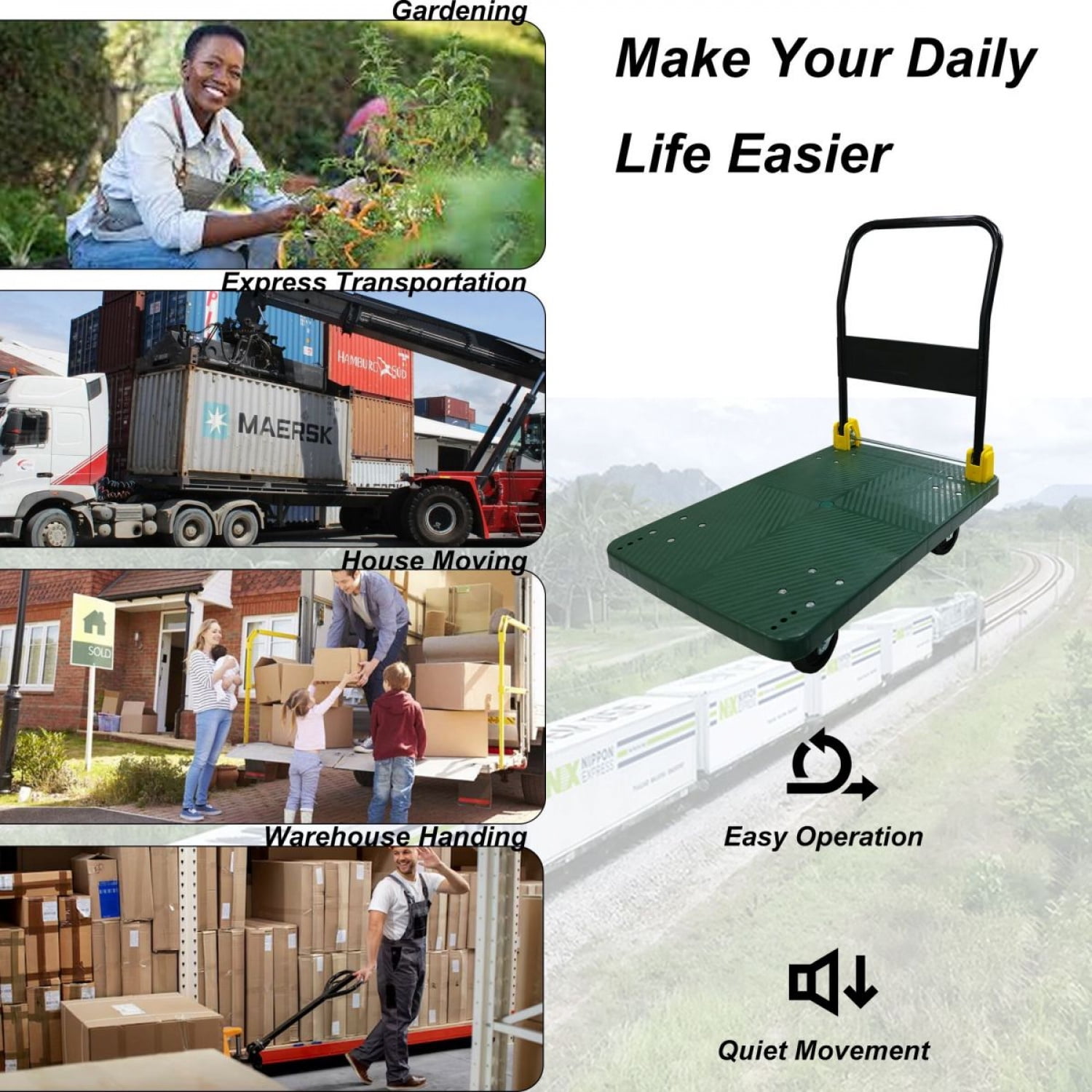Green Foldable Metal Platform Hand Truck 880 Lbs Weight Capacity 2 Swivel Brake Wheels Effortless Movement