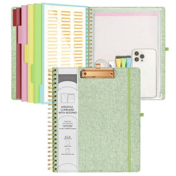Green Foldable Spiral Clipboard Folio With Storage Zipper Pouch  5 Plastic Folders 10 Pockets Refillable Lined Notepad (11" X 8.5") Linen Hardcover Project Organizer