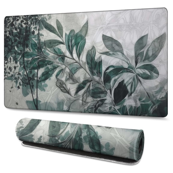 Green Foliage Ink Painting Gaming Mouse Mat, Rectangle 3XL Extra Large Mouse Pad 47.3 X 23.6 Inches Non-Slip Rubber Gaming Mouse Pad with Stitched Edges, Office Mouse Pad for Women Men Kids