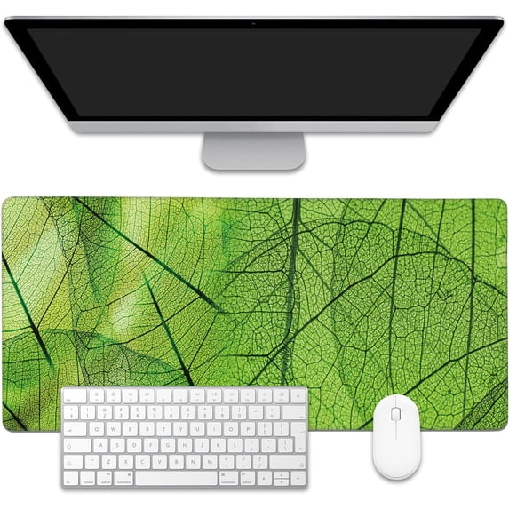 Green Foliage Texture Desk Mat,Large Gaming Mouse Pad,Non-Slip Rubber Base Desk Pad with Stitched Edges for Desk Office Home Decor 35.4X15.7 Inch