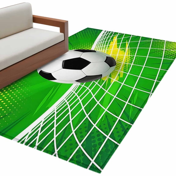 Green Football Area Rug 4x6 Washable Rug Non Slip Soccer Ball Goal Net Vibrant Large Area Rug Indoor Floor Carpet for Entryway Bedroom Kitchen Living Room Home Office Dining Room Nursery