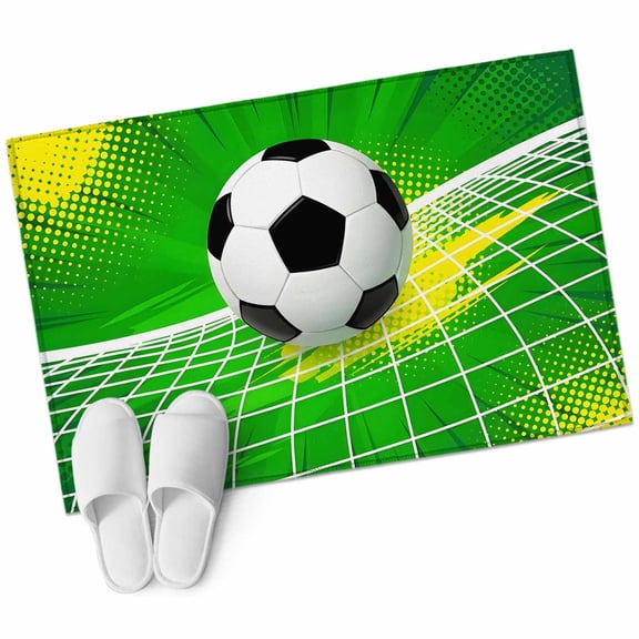 Green Football Bathroom Rug Washable 2x3 Entryway Rug Non Slip Soccer Ball Goal Net Vibrant Front Door Mat Low Pile Indoor Doormat Throw Floor Carpet for Kitchen Bedroom Entrance