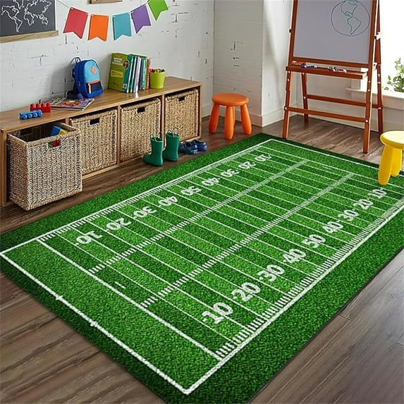 Green Football Field Area Rug, Sports Enthusiast Football Fan Non Slip Throw Rug, Machine Washable Durable Carpet For Indoor Bedroom Living Room Office Decor Rug 5x8ft
