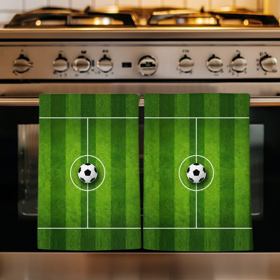 Green Football Field Kitchen Towels Set of 1, Center Circle Soccer Ball Absorbent Dish Towels for Kitchen, Microfiber Hand Towel, Quick Drying Tea Towel for Cleaning Decorative Dishcloths