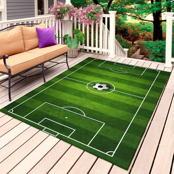 Green Football Field Outdoor Rug for Patio/Deck/Porch, Non-Slip Large Area Rug 4 x 6 Ft, Center Circle Soccer Ball Indoor Outdoor Rugs Washable Area Rugs, Reversible Camping Rug Carpet Runner