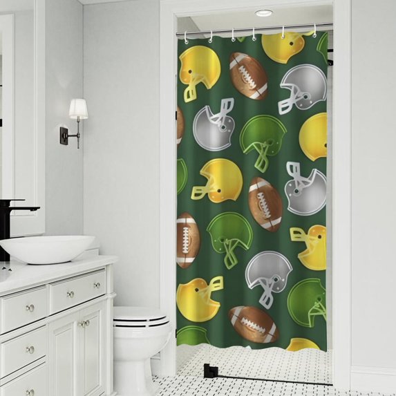 Green Football Helmets and Balls Pattern Shower Curtain 36"x72" ,Bathroom Decorative Shower Curtains Set with 12 Hooks,Modern Waterproof Washable Shower Curtain