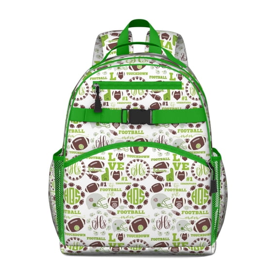 Green Football Monogram Pattern Backpack for School,Cute School Bag,Schoolbag with Adjustable Shoulder Straps & Padded Back,15.25"x11.5"x5.25"