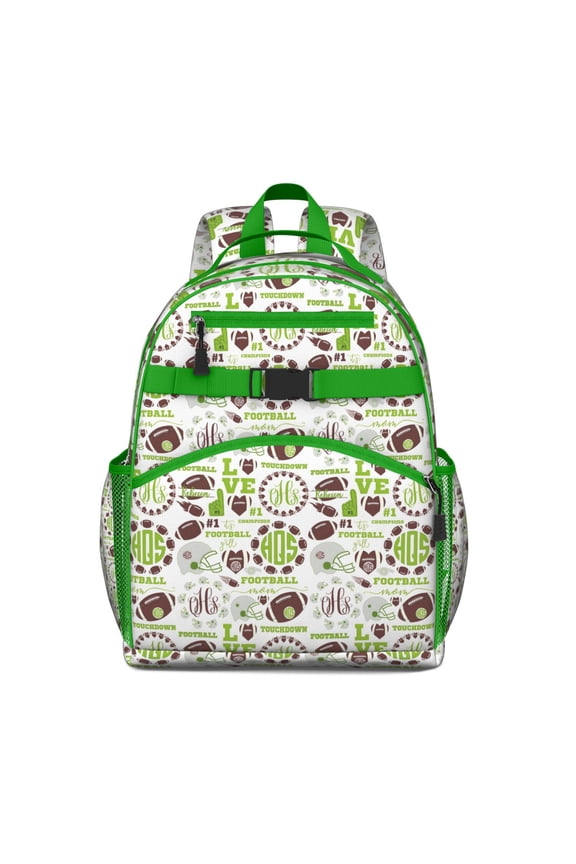 Green Football Monogram Pattern Backpack for School,Cute School Bag,Schoolbag with Adjustable Shoulder Straps & Padded Back,15.25"x11.5"x5.25"