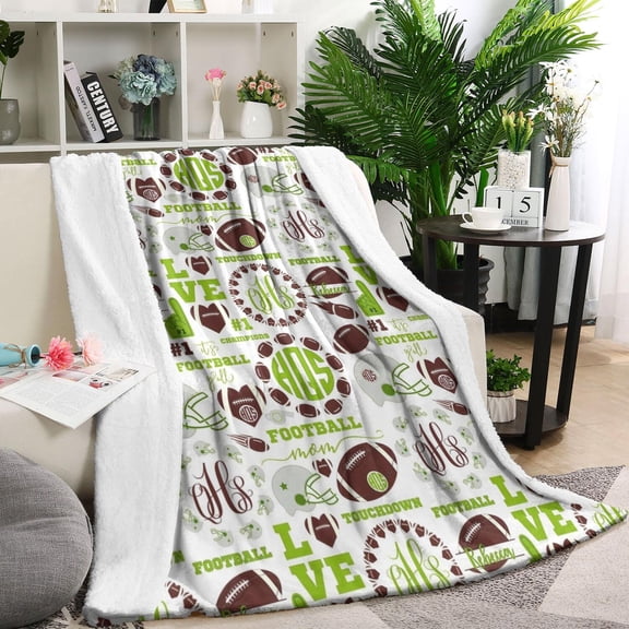 Green Football Monogram Pattern Blanket,Comfortable Soft Lamb Wool Throw Blanket,All Season,Warm Lightweight Blankets for Sofa Bed Couch Living Room Chair,60"x80"