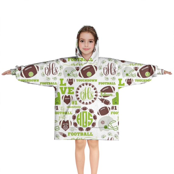 Green Football Monogram Pattern Blanket Hoodies for Kids 6-13YR Oversize Wearable Blanket Hoodies for Boys Girls Teens