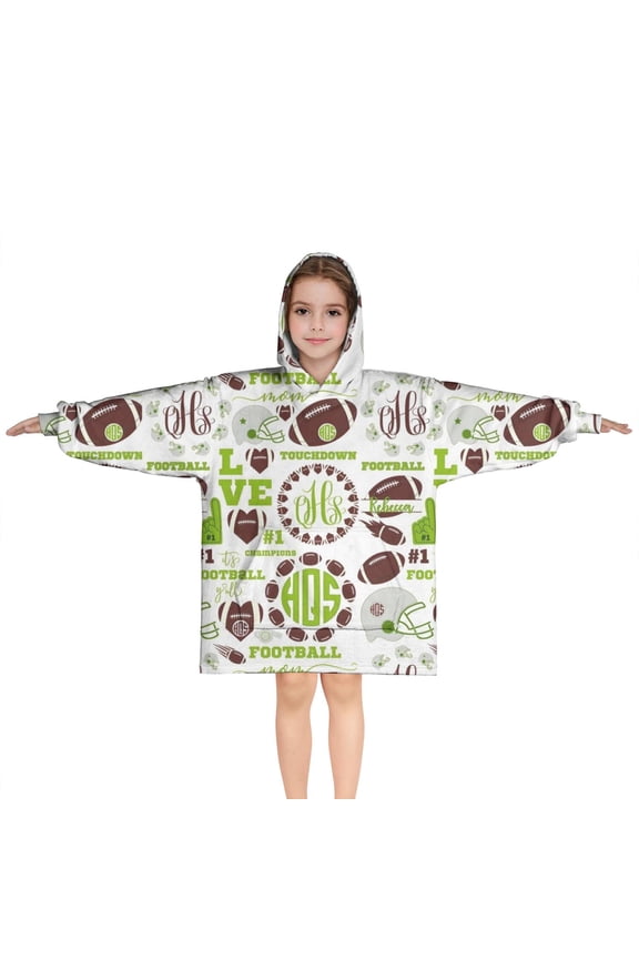 Green Football Monogram Pattern Blanket Hoodies for Kids 6-13YR Oversize Wearable Blanket Hoodies for Boys Girls Teens