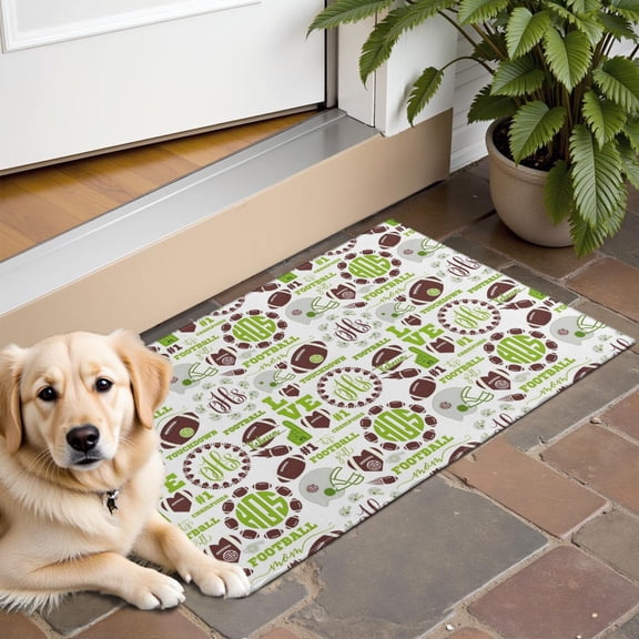Green Football Monogram Pattern Door Rugs,Washable Non Slip Door Mats Indoor,Decorative Door Mats,Entry Mat Indoor for Entrance,Bedroom,Kitchen,Bathroom,16"x24"