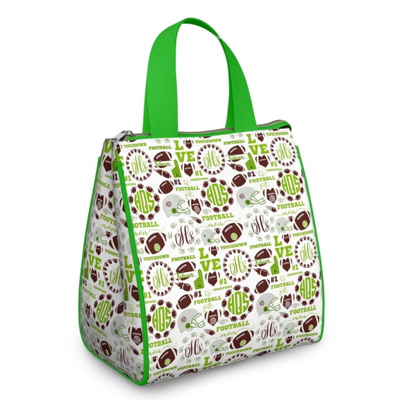 Green Football Monogram Pattern Insulated Lunch Bag for Women & Adults,Large Portable Soft Cooler Lunch Bag,Thermal Food Storage Tote with Pearl Cotton,8.66L,8.75x5.75x9.5 Inch
