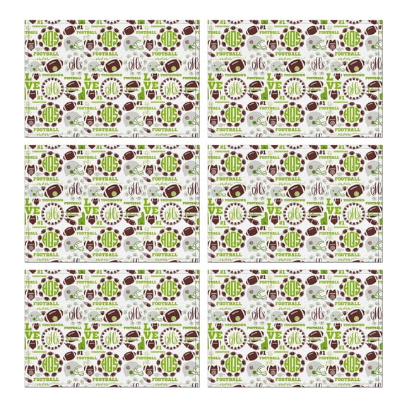 Green Football Monogram Pattern Summer Placemats Table Placemats Set Of 6-Linen Kitchen Washable Placemats Table Mats 11.8"x17.7"Non-Slip Heat Resistant