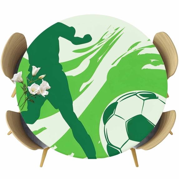 Green Football Round Tablecloth 36-44 Inch Round Fitted Table Cloth with Elastic Edge, Soccer Sports Player Silhouette Waterproof Table Cover Protector for Outdoor Picnic Party Dining