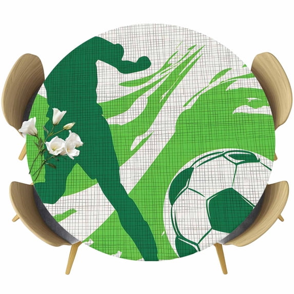 Green Football Round Tablecloth 55-60 Inch Round Fitted Table Cloth with Elastic Edge, Soccer Sports Player Silhouette Rustic Waterproof Table Cover Protector for Outdoor Picnic Party Dining