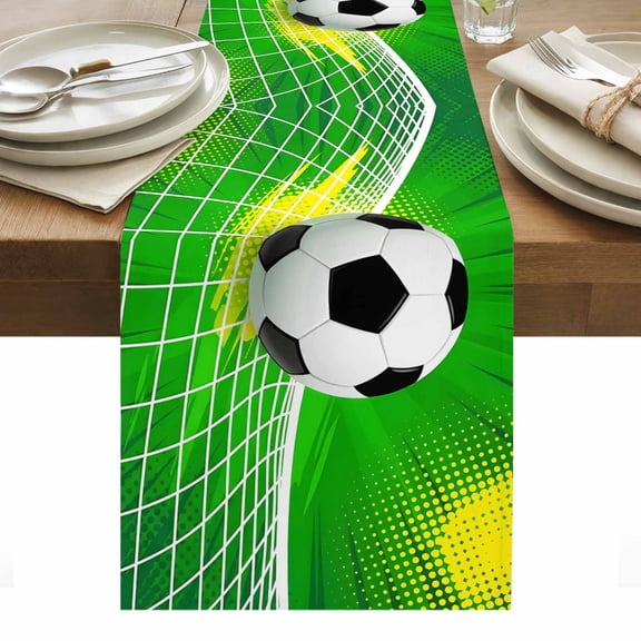 Green Football Table Runner Soccer Ball Goal Net Vibrant Tablerunners 13 x 36 Inch, Table Decorations Tabletop Scarf for Summer Gathering Holiday Farmhouse Kitchen Dining Decor