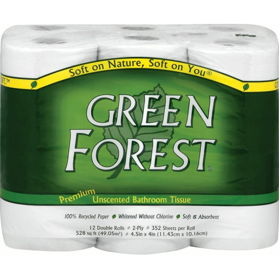 Green Forest 100% Recycled Premium Bathroom Tissue, 12 Double Rolls, 352 Sheets/Roll