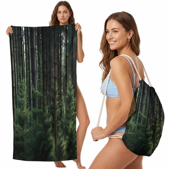 Green Forest 2-in-1 Beach Towel Backpack,Quick Dry Beach Towel Blanket Bag,Mysterious Primitive Forest Pine Tree Portable Bath Pool Yoga Swim Picnic Camping Towels Travel Essential 27.6x55 Inches