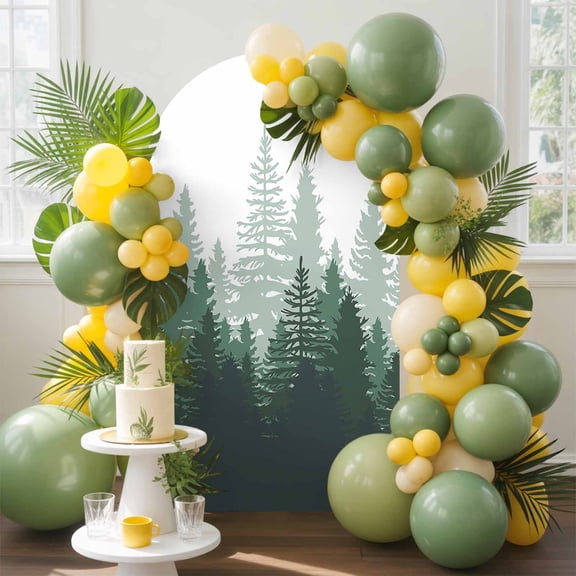 Green Forest Arch Backdrop Cover, 5FT, Nature Woodland Tree Misty Forest Silhouette Landscape Spandex Arch Covers Double-Sided Backdrop for Wedding Birthday Party Photo Background Decoration